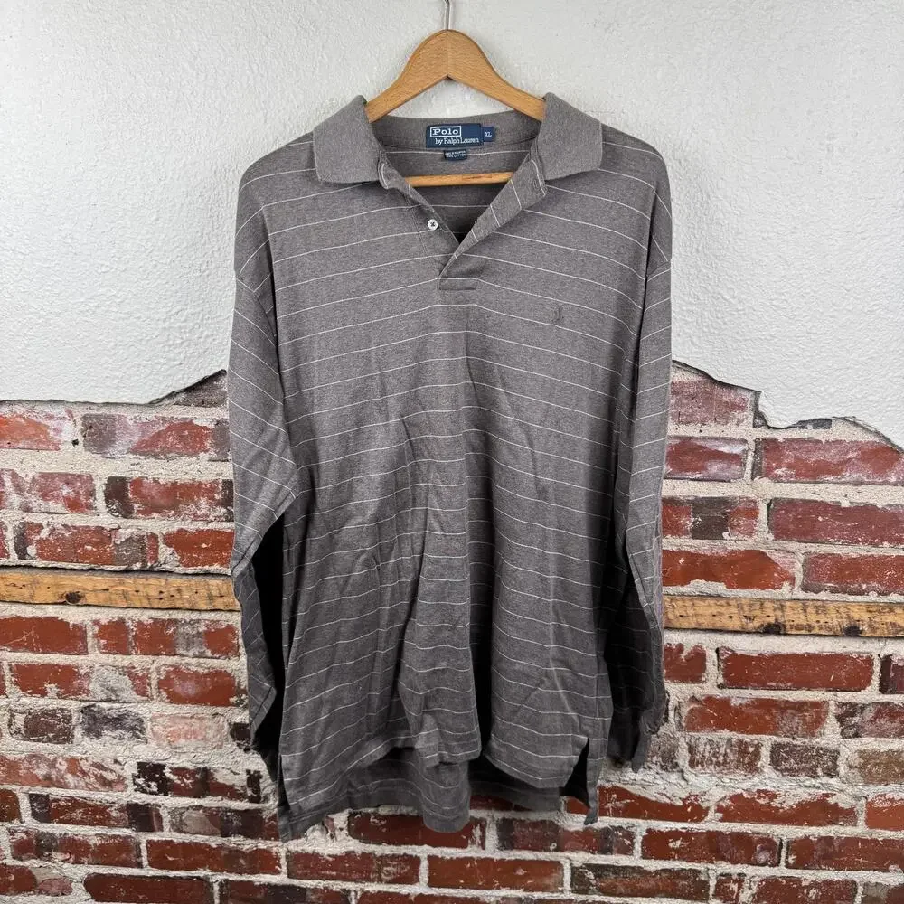 Polo Ralph Lauren Polo Shirt Mens XL Brown Striped Long Sleeve Cotton Classic